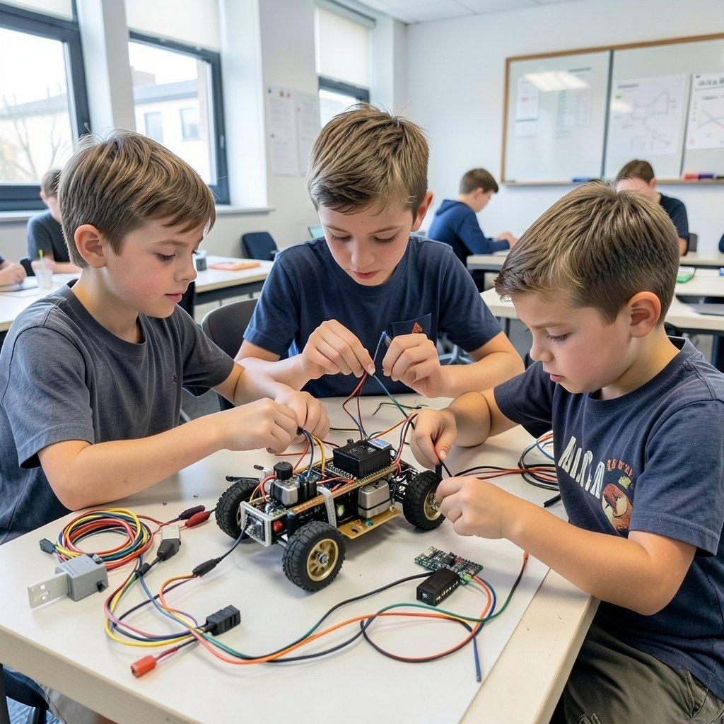 Three young students wiring a robot car chassis together at a shared desk